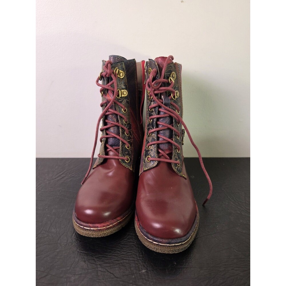 L'Artiste by Spring Step Marty Boots Bordeaux Red Leather Floral Ankle Size...